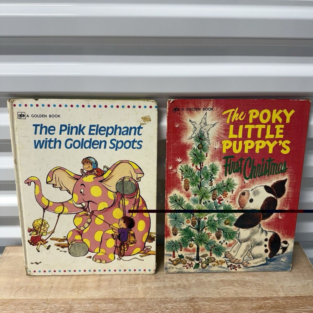 Vintage Golden Book Lot Pink Elephant 1972 Poky Puppy Christmas 1973
